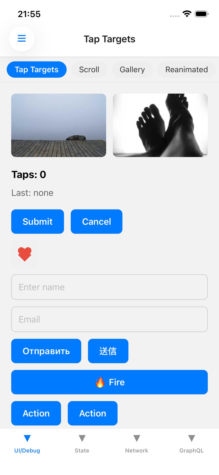 iOS simulator on the UI/Debug tab showing the Tap Targets screen