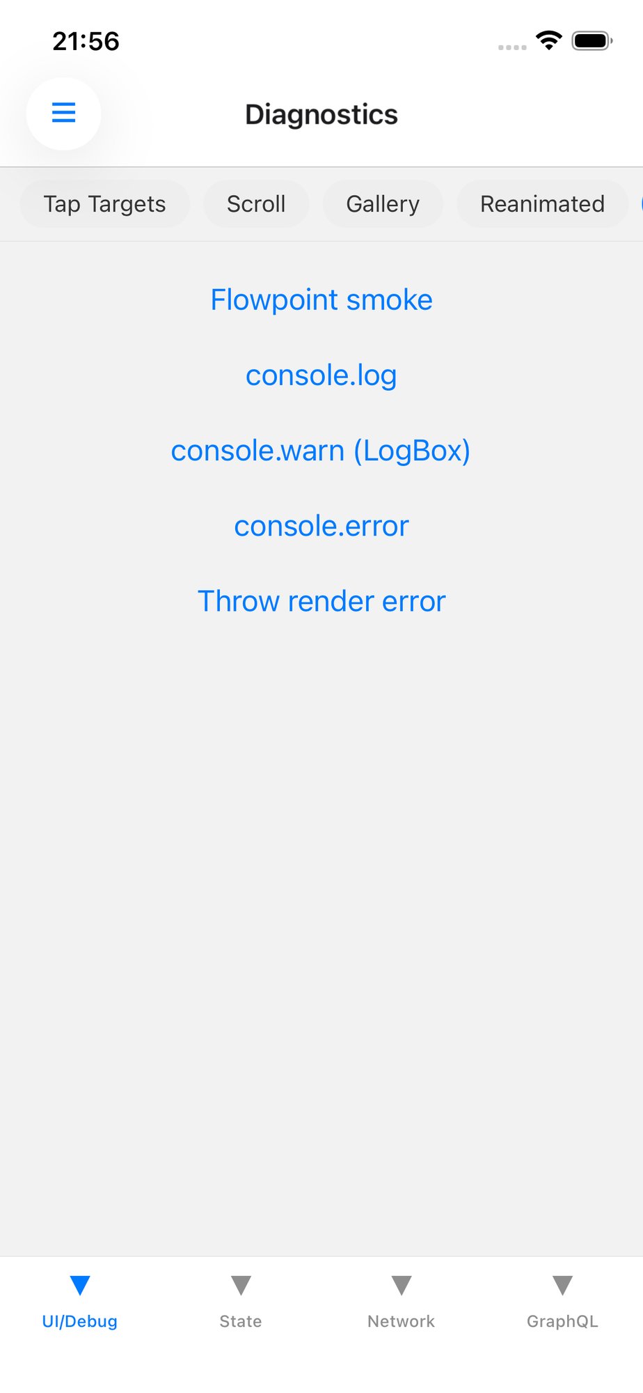 Diagnostics screen showing console.log, console.warn, and console.error buttons