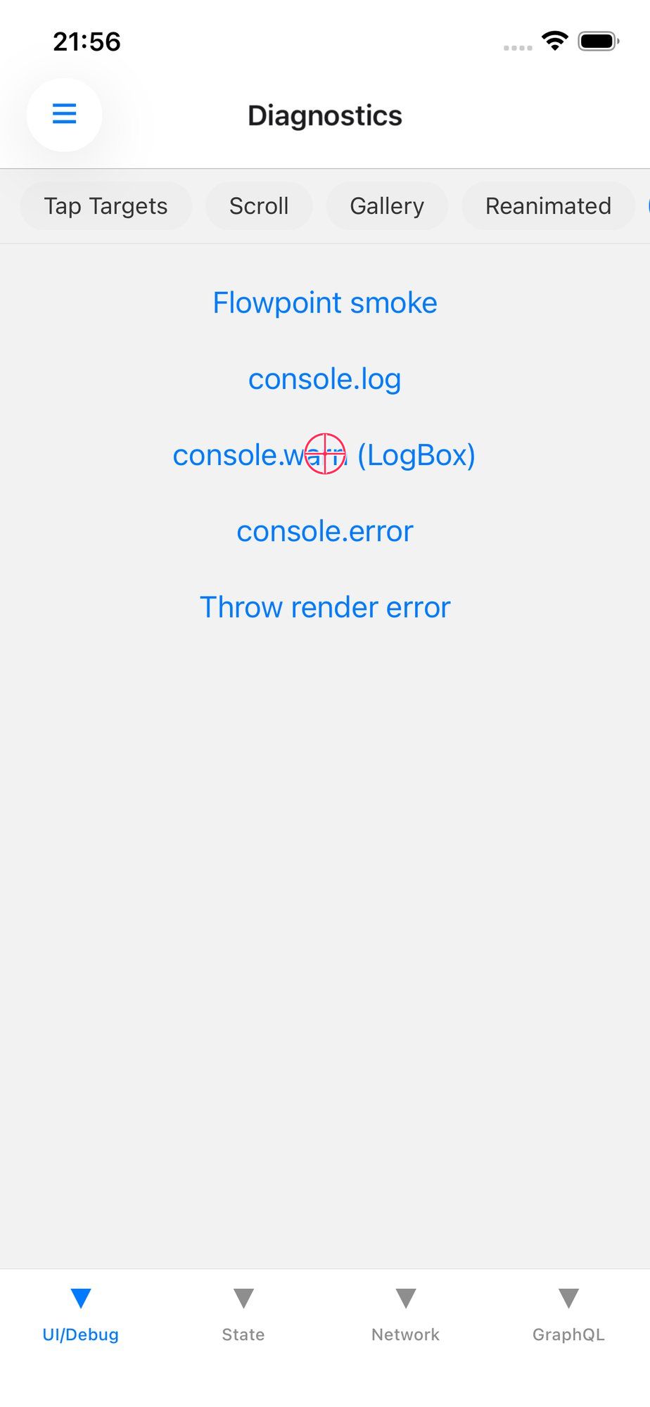 Tapping the console.error button, with no visible change on screen